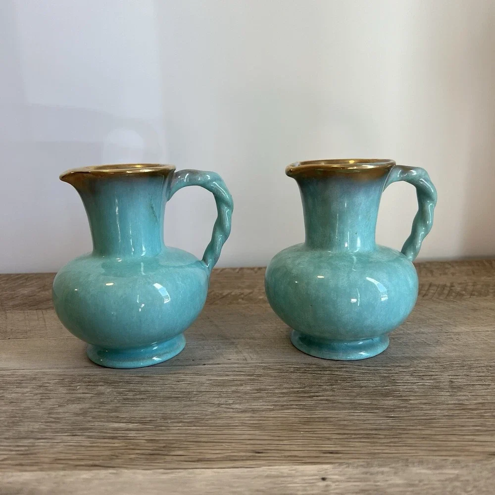 Teal And Gold West Germany Mid-Century Pottery‎ Matching Vases Jugs Vtg WWII